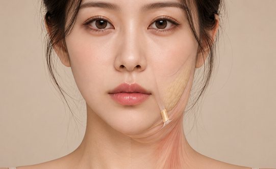 다움 platysma 복원술 02 — 귀 아래 절개선과 유지인대 박리 범위(정면 얼굴)