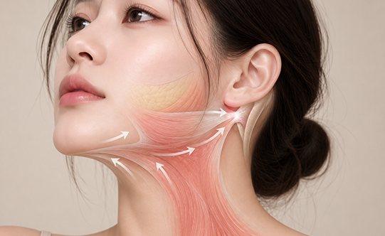 다움 platysma 복원술 03 — 플라티스마를 귀 뒤 PAL 방향으로 고정(화살표 그림)