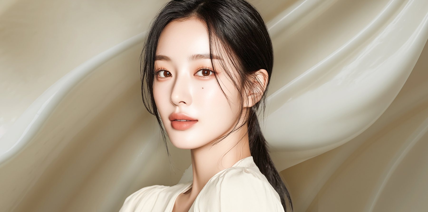 맑은 피부의 모델(크림색 실크 배경)