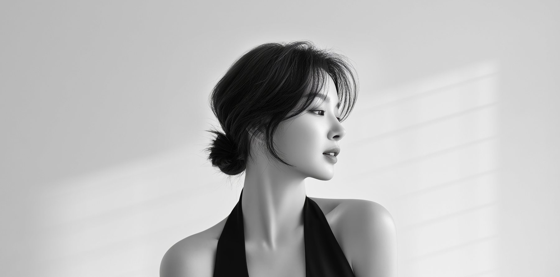 옆을 바라보는 모델 흑백 사진