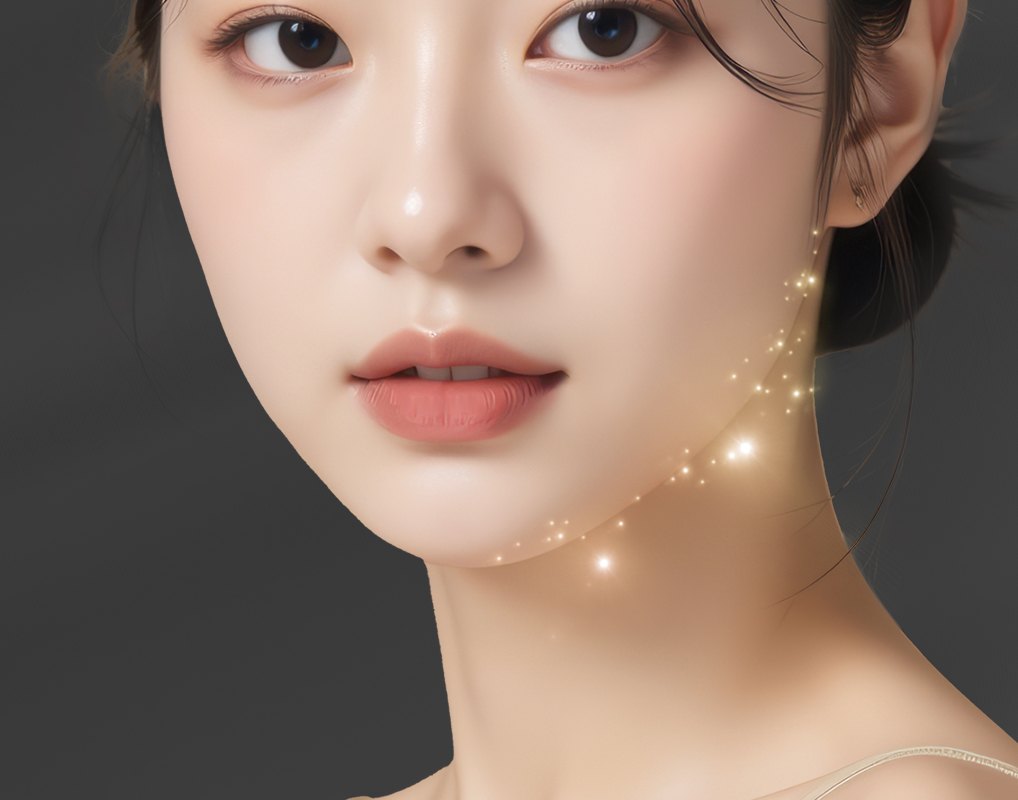 브이리프트 상단 비주얼 — 턱선을 따라 빛이 흐르는 모델 얼굴